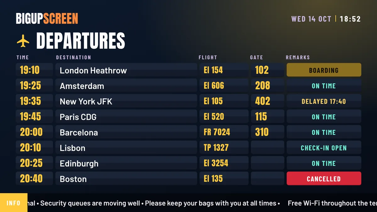 A departures board with times, destinations, gates and status