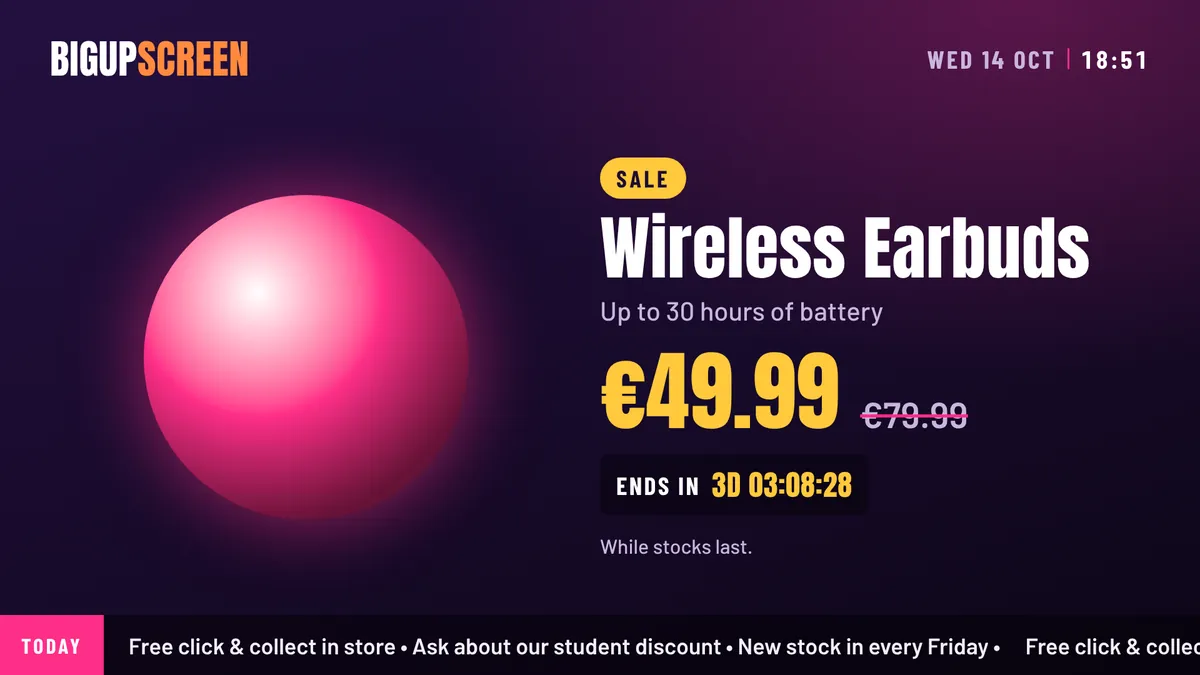 An offer screen: wireless earbuds, €49.99, was €79.99, with a countdown to the end of the sale