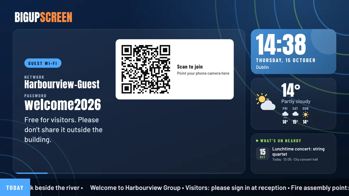 A guest Wi-Fi page with soft rings behind it, in blue and green