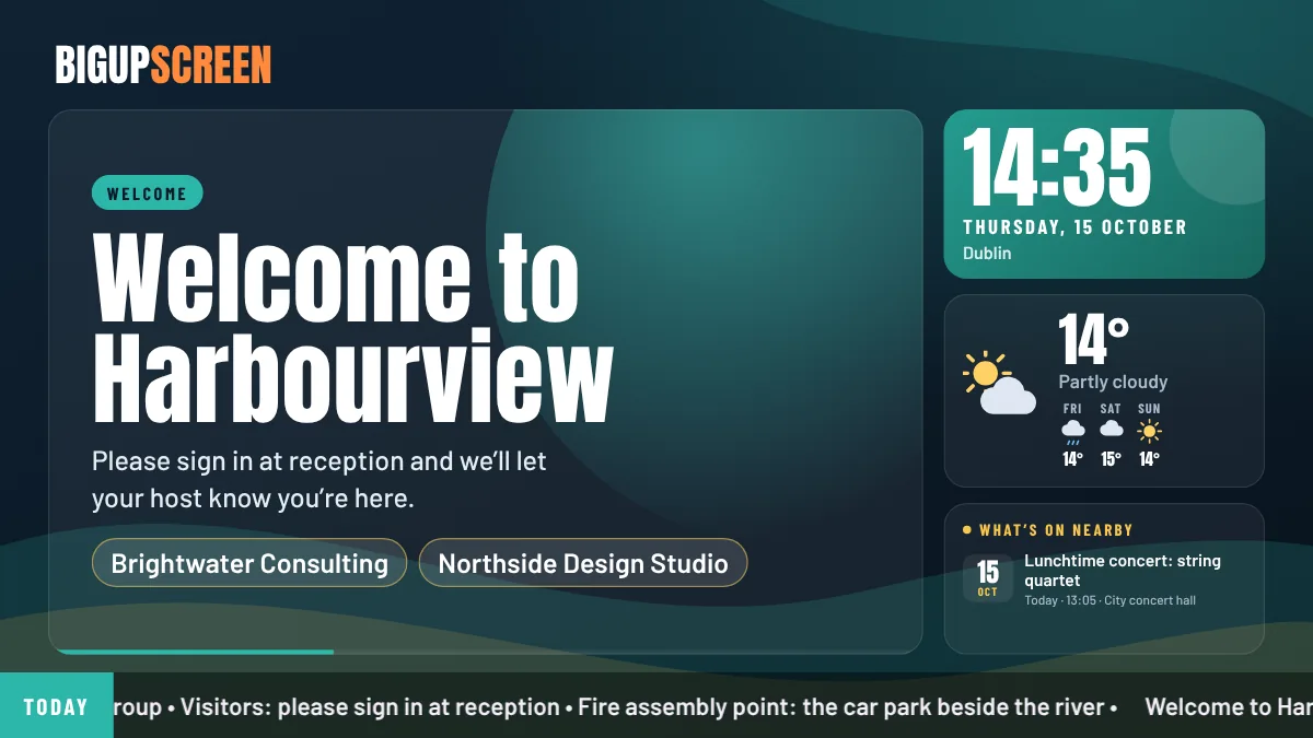 A reception screen welcoming visitors, with the time, the weather and what’s on nearby down the side