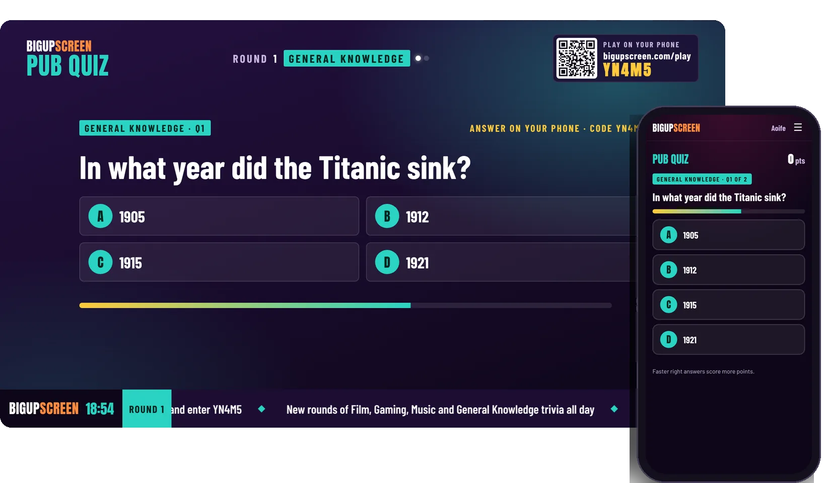 A quiz on a TV with a phone in front showing the same question as tappable answers