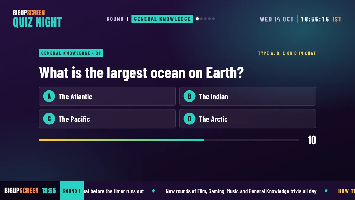 A trivia question on screen with four answers and a timer